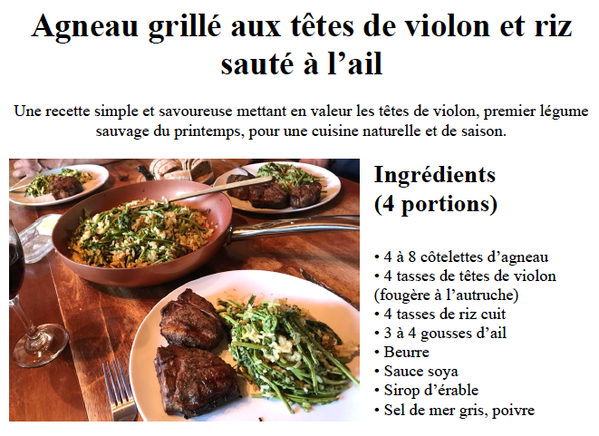 Agneau grillé aux têtes de violon à l’ail (recette PDF)