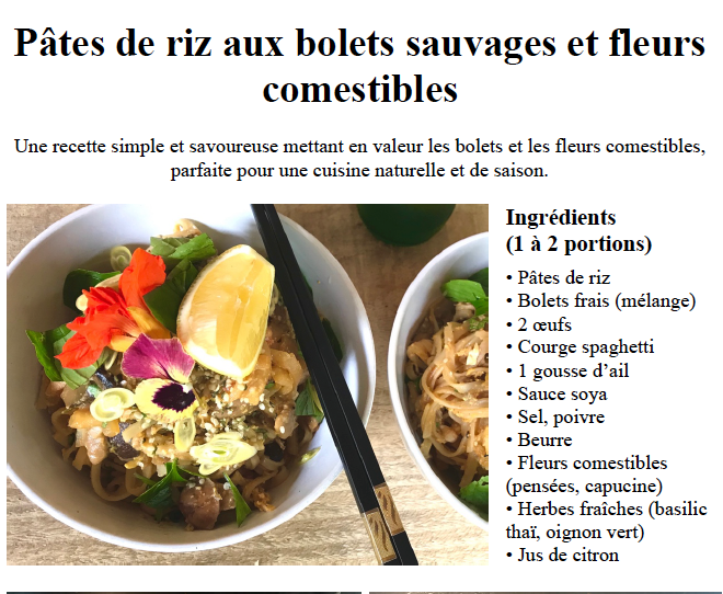 Pâtes de riz aux bolets sauvages et fleurs comestibles (recette PDF)